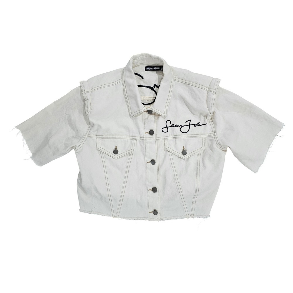 Sean John Missguided Women US 14 White Denim Cropped Short Sleeve Jacket Vintage